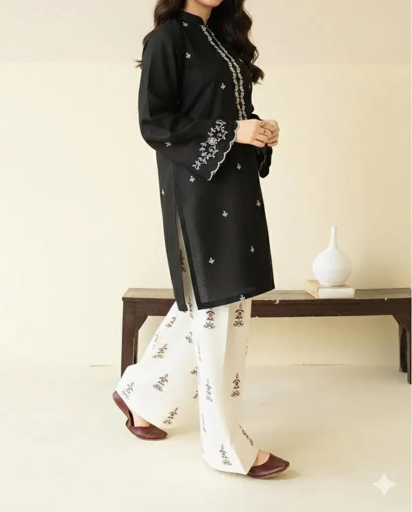 Black Embroidered Lawn Shirt & Cotton Trouser Set - Design 1 - image 1