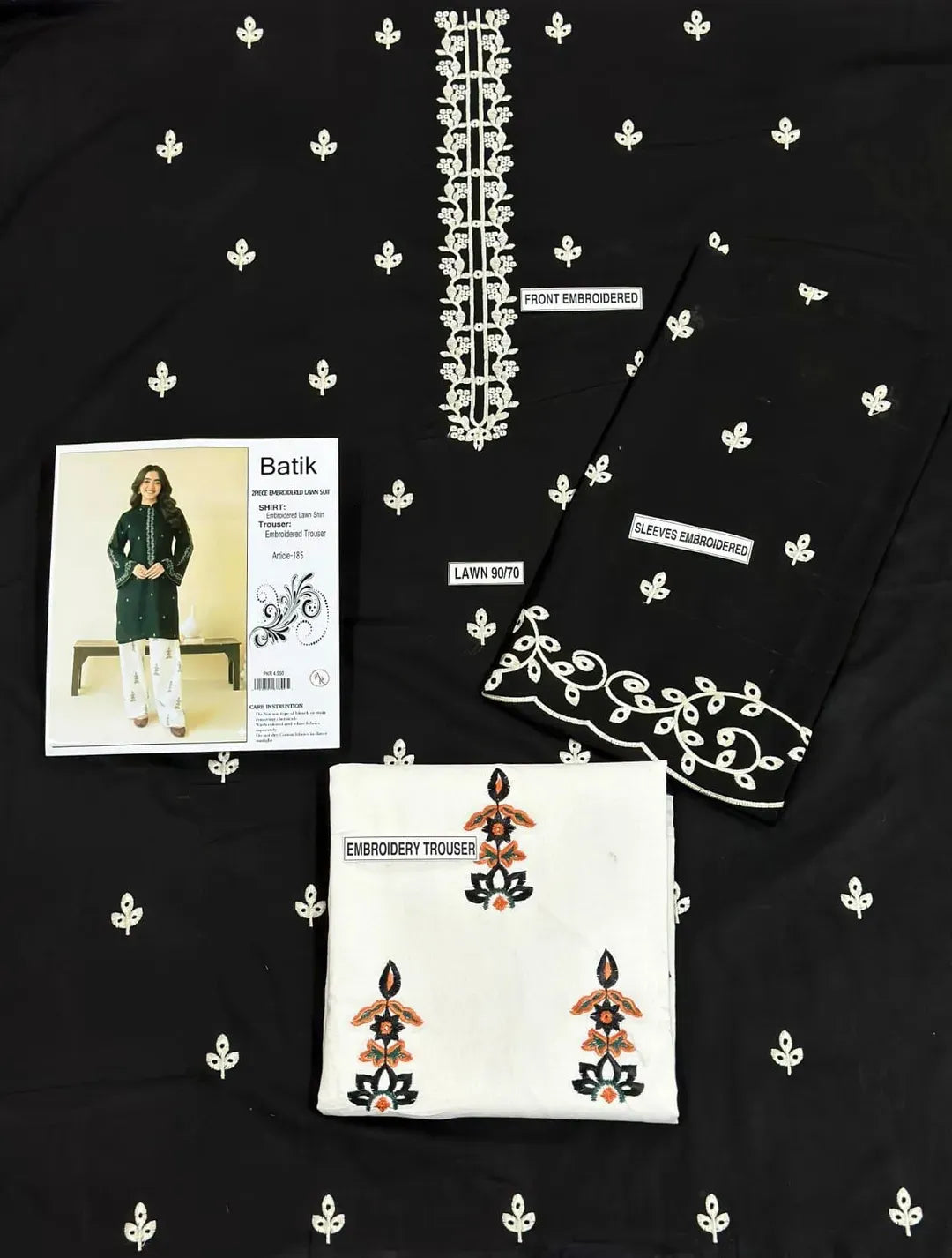 Black Embroidered Lawn Shirt & Cotton Trouser Set - Design 1 - image 3