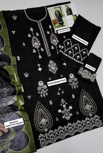 Black Embroidered Lawn 3Pcs Set for Women - Design 2 - image 2