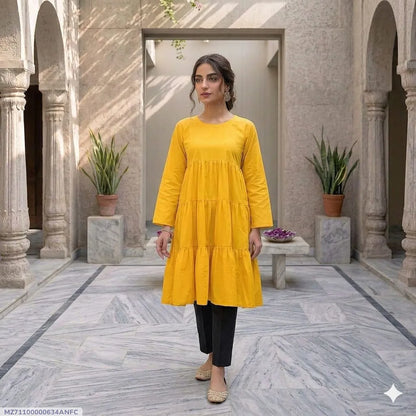 2 Pcs Women's Stitched Lawn Embroidered Shirt And Trouser - Yellow - image 1