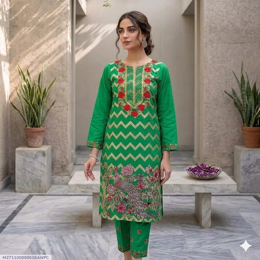 2 Pcs Women's Stitched Arabic Lawn Embroidered Shirt And Trouser - Green - image 1