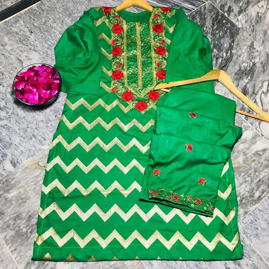 2 Pcs Women's Stitched Arabic Lawn Embroidered Shirt And Trouser - Green - image 2