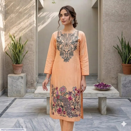 2 Pcs Women's Stitched Lawn Embroidered Shirt And Trouser - Peach - image 1