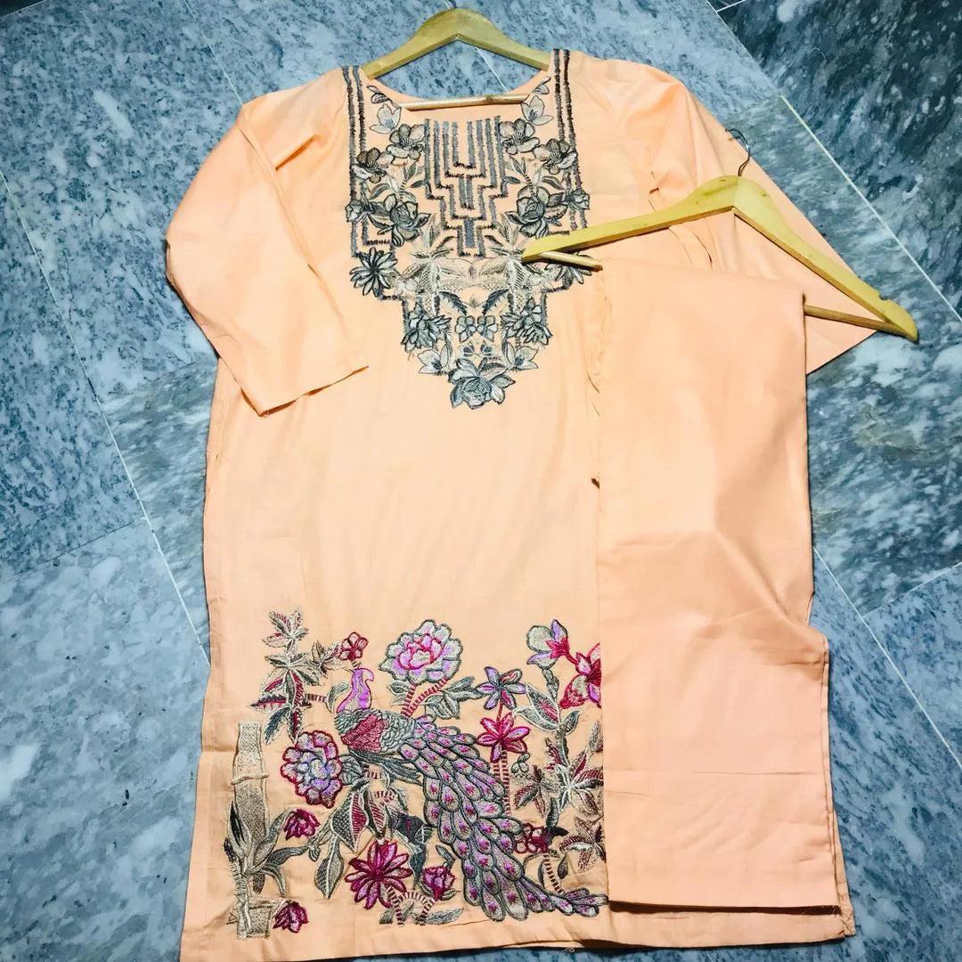2 Pcs Women's Stitched Lawn Embroidered Shirt And Trouser - Peach - image 2