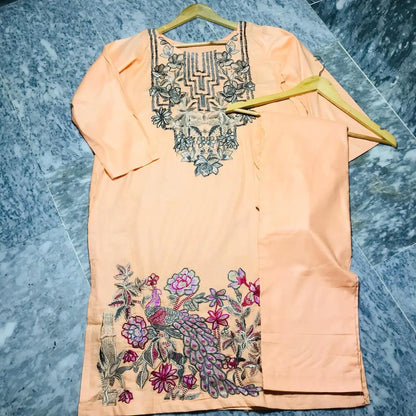 2 Pcs Women's Stitched Lawn Embroidered Shirt And Trouser - Peach - image 2