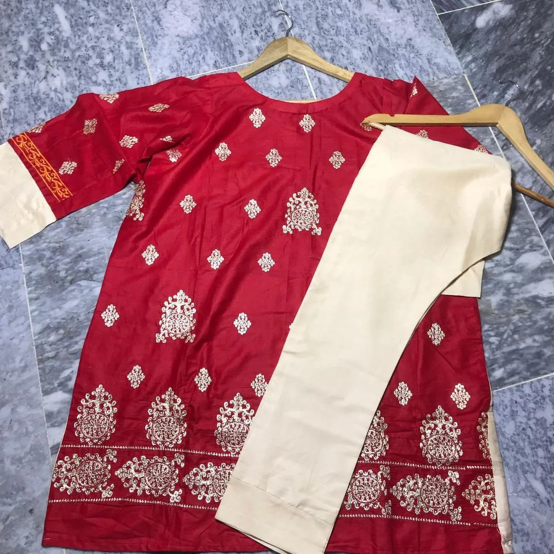 2 Pcs Women's Stitched Arabic Lawn Embroidered Shirt And Trouser - image 2