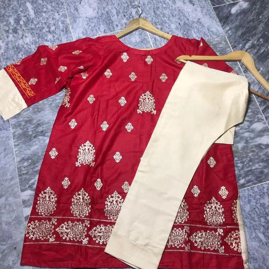 2 Pcs Women's Stitched Arabic Lawn Embroidered Shirt And Trouser - image 2