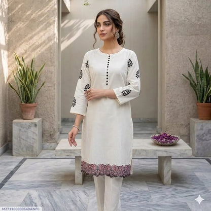 2 Pcs Women's Stitched Lawn Embroidered Shirt And Trouser - White - image 1