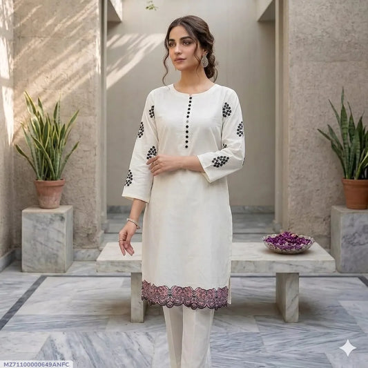 2 Pcs Women's Stitched Lawn Embroidered Shirt And Trouser - White - image 1