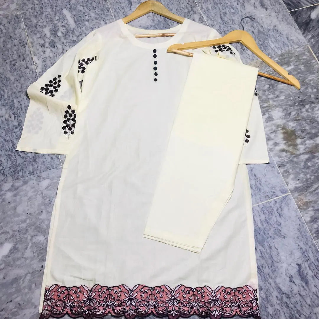 2 Pcs Women's Stitched Lawn Embroidered Shirt And Trouser - White - image 2