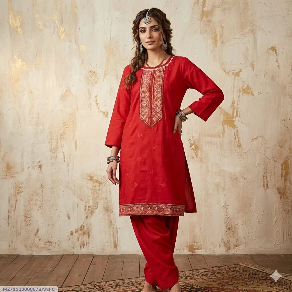 2 Pcs Women's Stitched Arabic Lawn Embroidered Shirt And Trouser - image 1