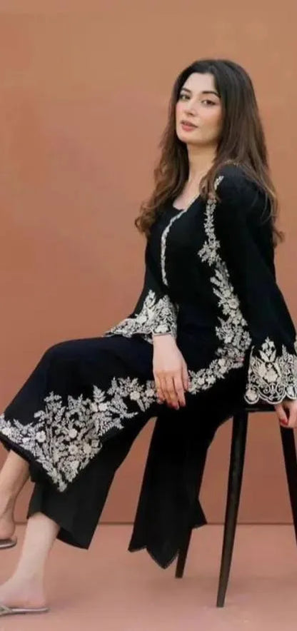 Black Embroidered Pakistani Suit with Linen Trouser & Chiffon Dupatta - image 1