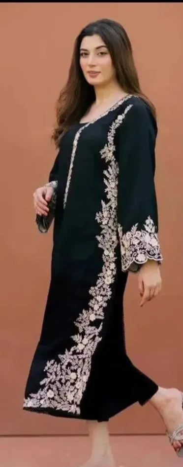 Black Embroidered Pakistani Suit with Linen Trouser & Chiffon Dupatta - image 3