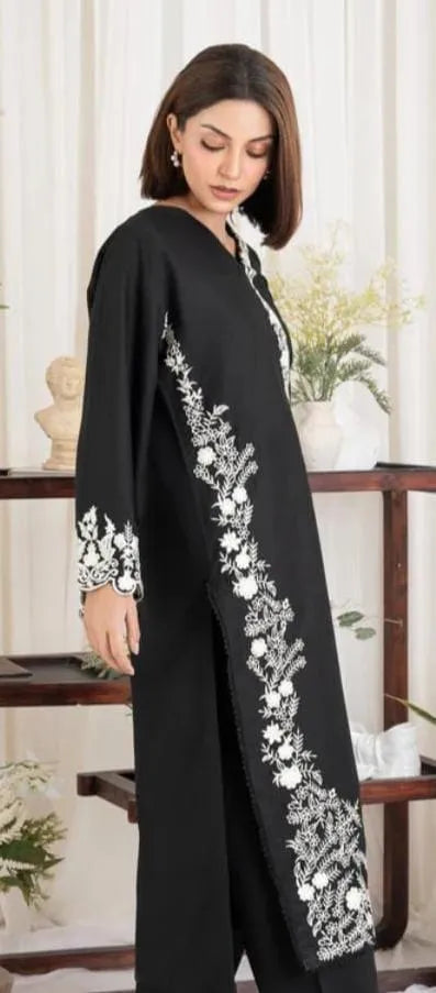 Black Embroidered Pakistani Suit with Linen Trouser & Chiffon Dupatta - image 5