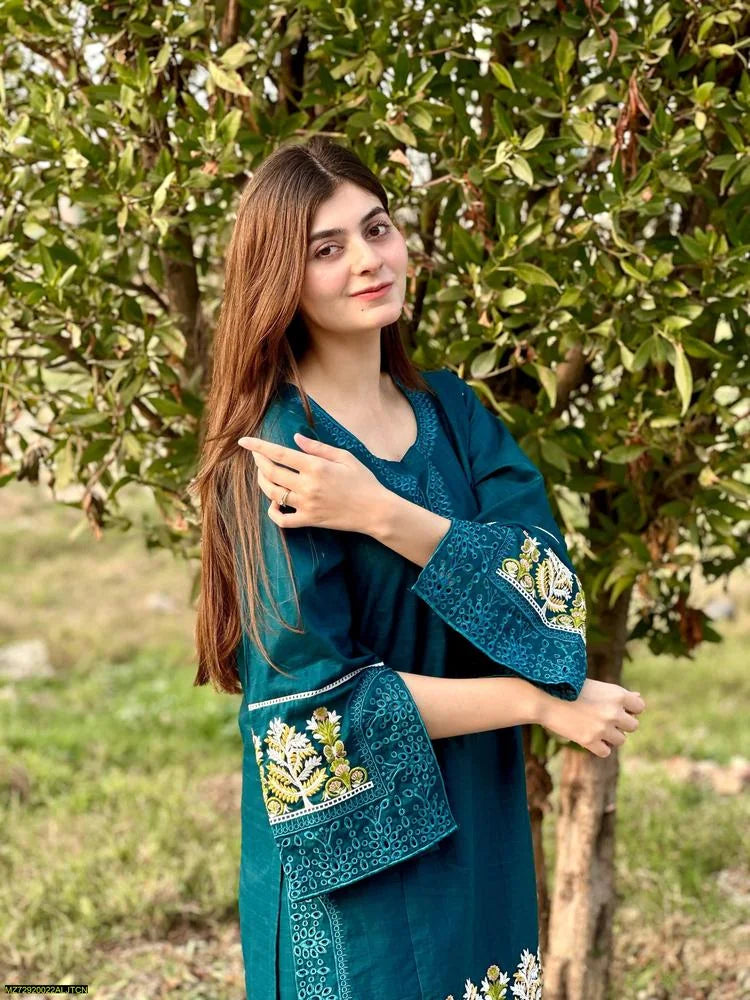 2 Pcs Women's Stitched Lawn Embroidered Shirt And Trouser - Design 1 - image 1