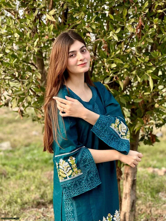 2 Pcs Women's Stitched Lawn Embroidered Shirt And Trouser - Design 1 - image 1