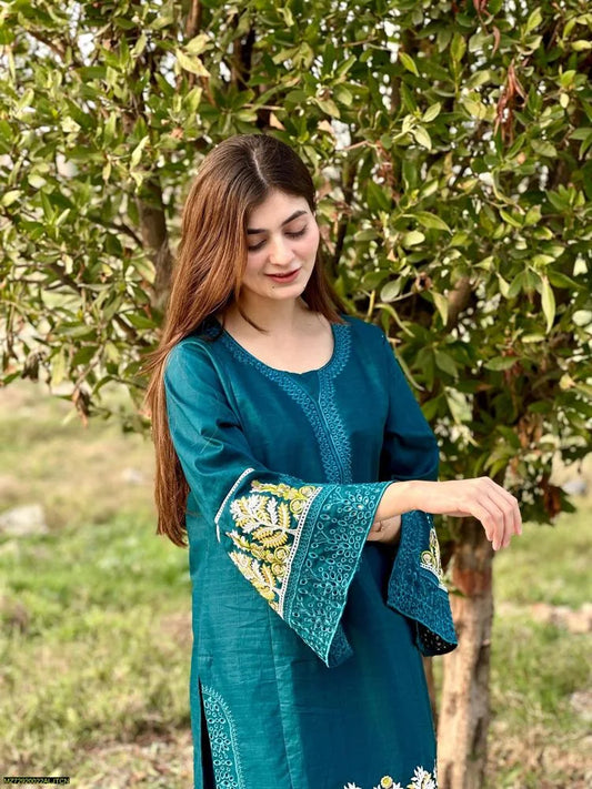 2 Pcs Women's Stitched Lawn Embroidered Shirt And Trouser - Design 1 - image 2