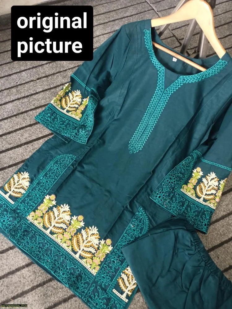 2 Pcs Women's Stitched Lawn Embroidered Shirt And Trouser - Design 1 - image 3