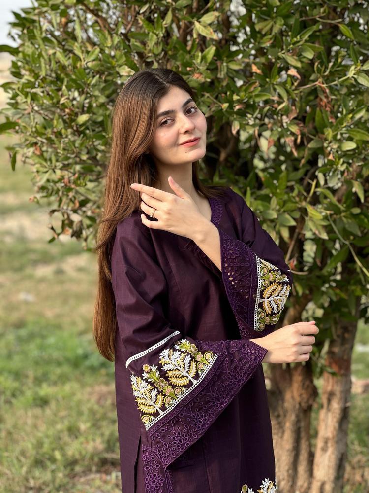 2 Pcs Women's Stitched Lawn Embroidered Shirt And Trouser - Design 2 - image 1