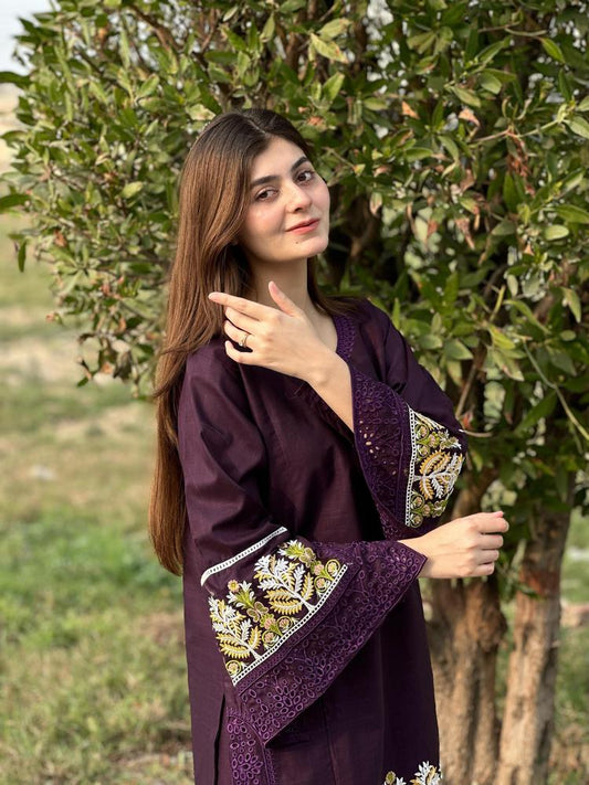 2 Pcs Women's Stitched Lawn Embroidered Shirt And Trouser - Design 2 - image 1