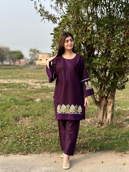 2 Pcs Women's Stitched Lawn Embroidered Shirt And Trouser - Design 2 - image 2