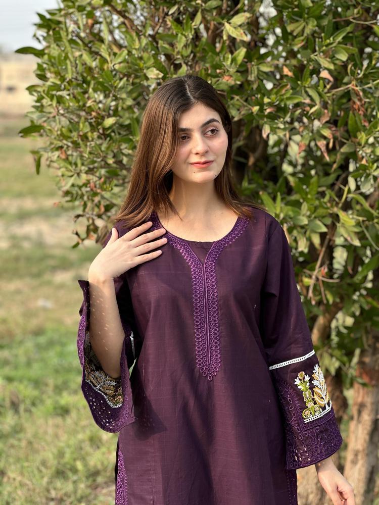2 Pcs Women's Stitched Lawn Embroidered Shirt And Trouser - Design 2 - image 3