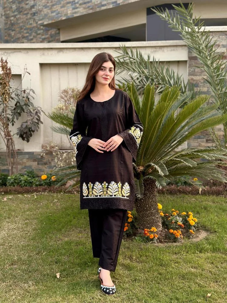 2 Pcs Women's Stitched Lawn Embroidered Shirt And Trouser - image 1
