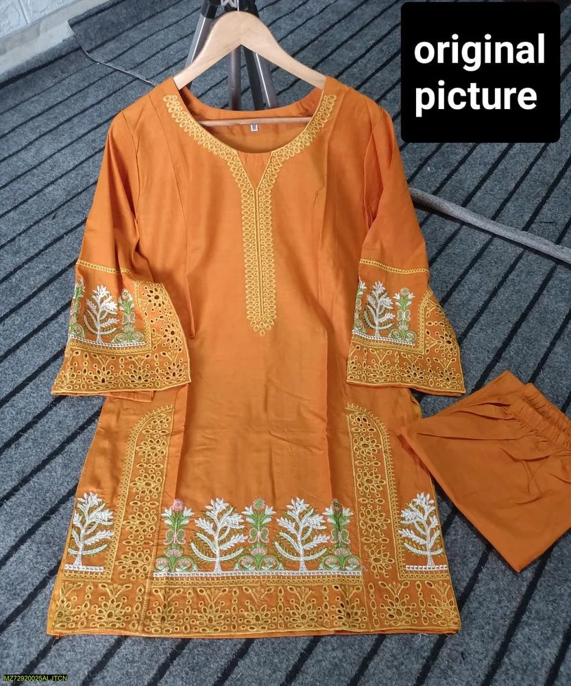 2 Pcs Women's Stitched Lawn Embroidered Shirt And Trouser - Design 3 - image 3