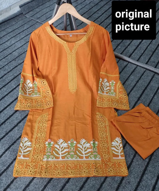 2 Pcs Women's Stitched Lawn Embroidered Shirt And Trouser - Design 3 - image 1