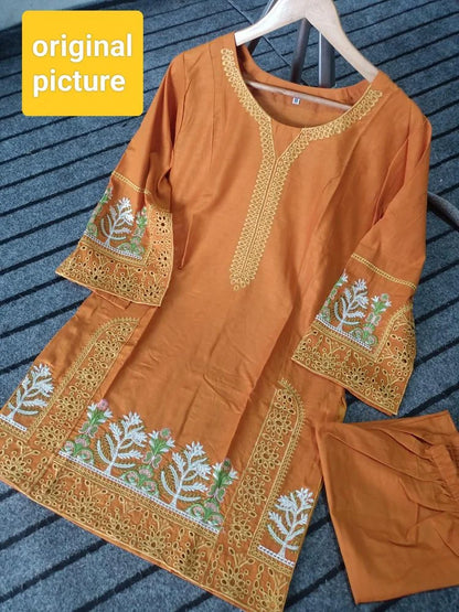 2 Pcs Women's Stitched Lawn Embroidered Shirt And Trouser - Design 3 - image 2
