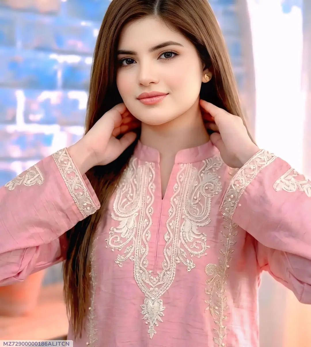2 Pcs Women's Stitched Lawn Embroidered Shirt And Trouser - Pink - image 1