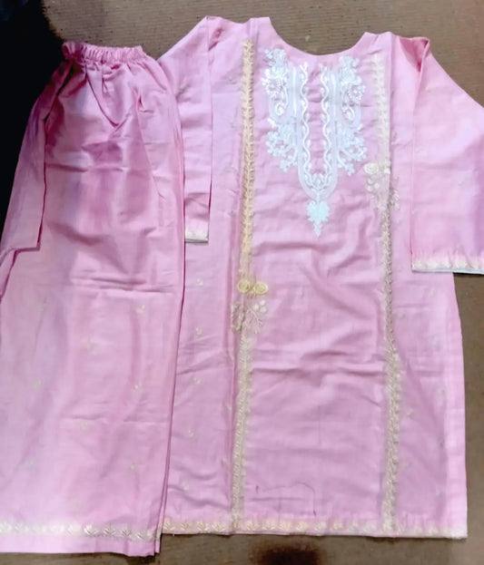 2 Pcs Women's Stitched Lawn Embroidered Shirt And Trouser - Pink - image 2