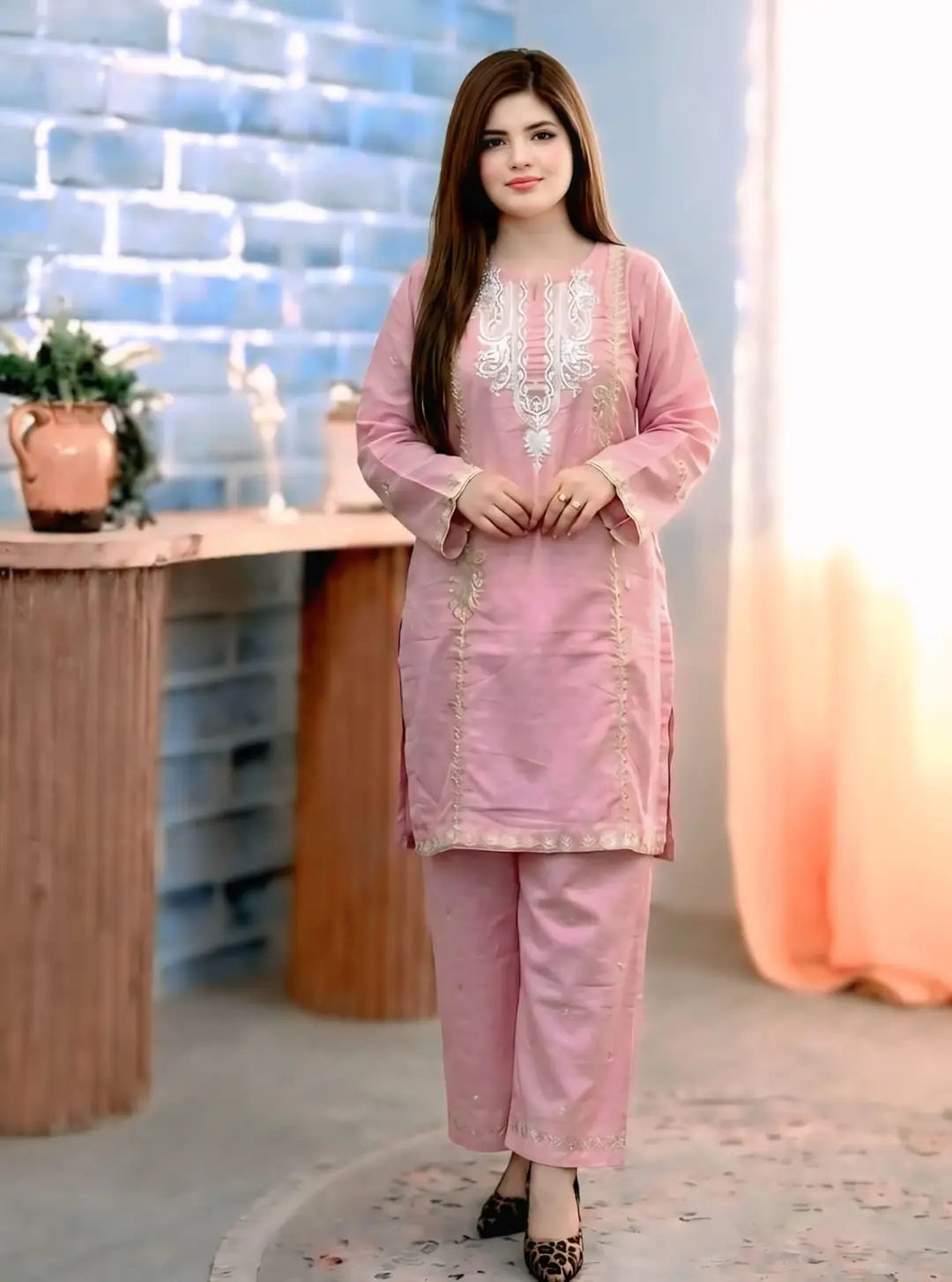 2 Pcs Women's Stitched Lawn Embroidered Shirt And Trouser - Pink - image 3