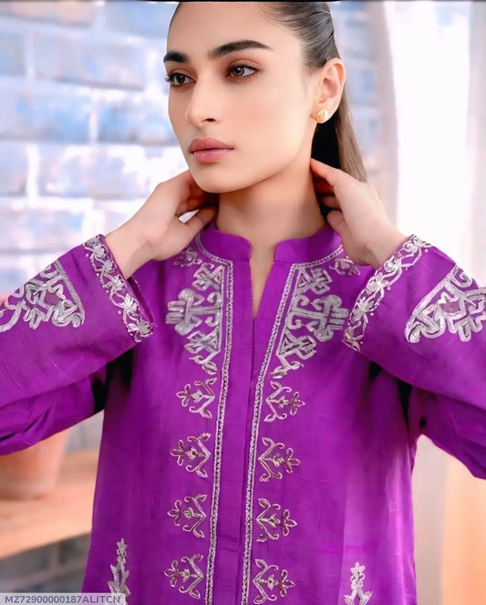 2 Pcs Women's Stitched Lawn Embroidered Shirt And Trouser - Purple - image 1
