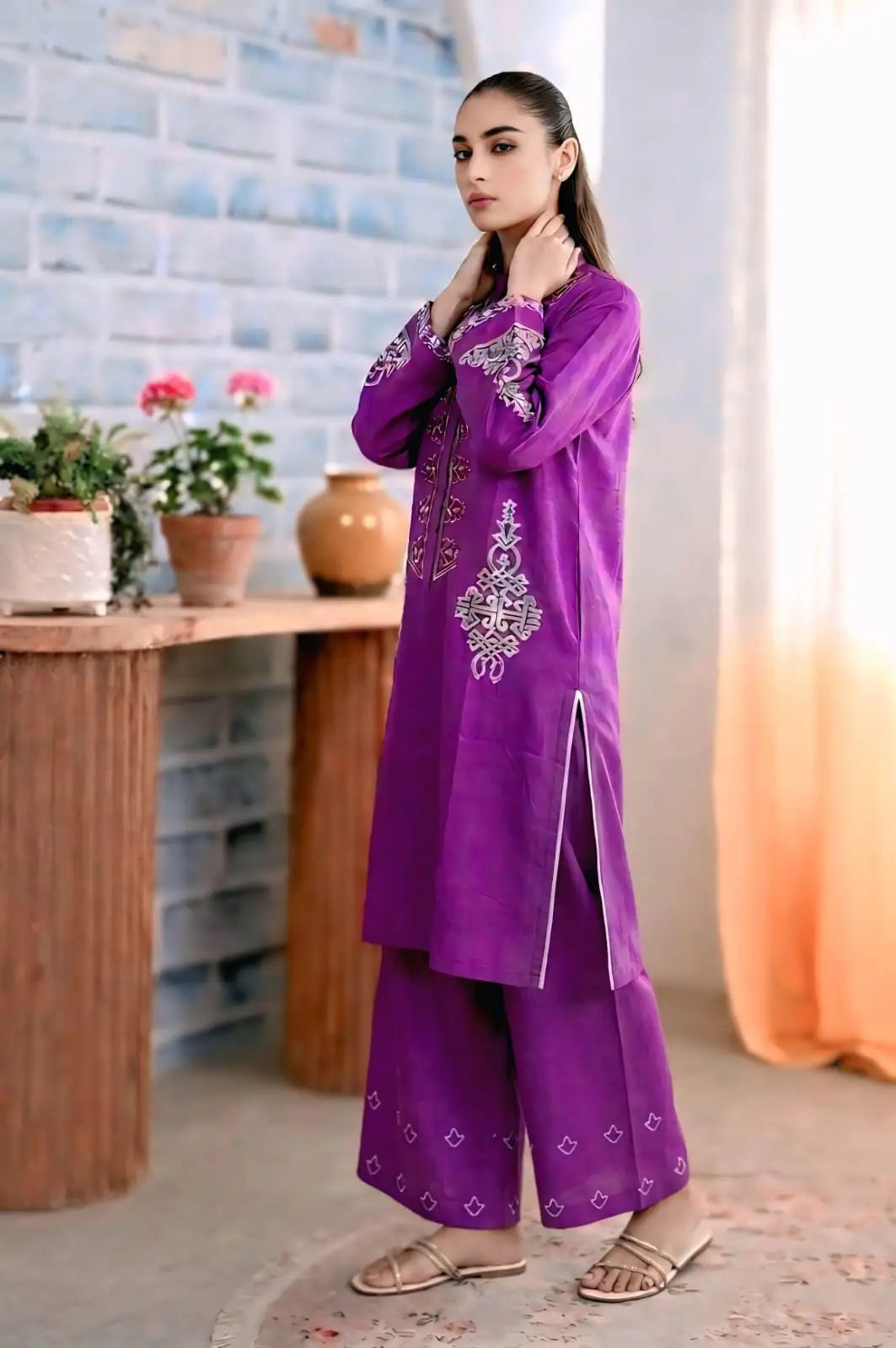 2 Pcs Women's Stitched Lawn Embroidered Shirt And Trouser - Purple - image 3