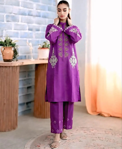 2 Pcs Women's Stitched Lawn Embroidered Shirt And Trouser - Purple - image 4