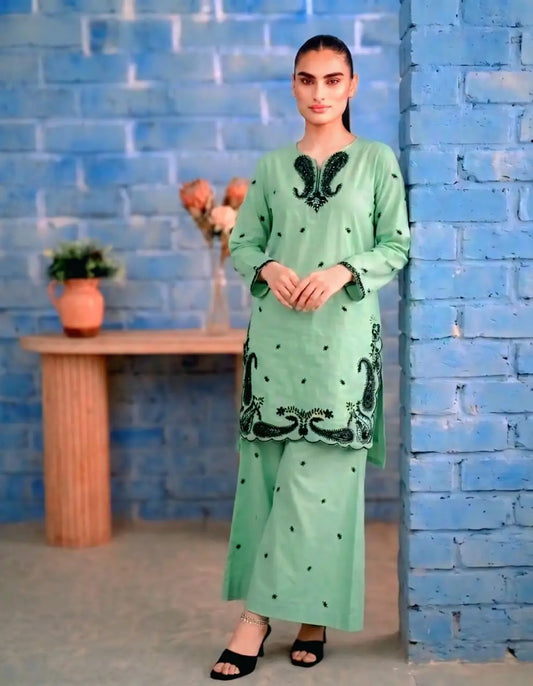 2 Pcs Women's Stitched Lawn Embroidered Shirt And Trouser - Green - image 1