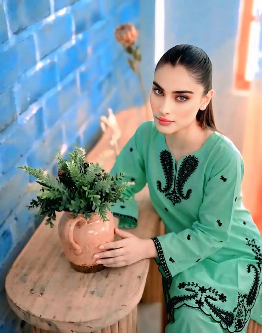 2 Pcs Women's Stitched Lawn Embroidered Shirt And Trouser - Green - image 2