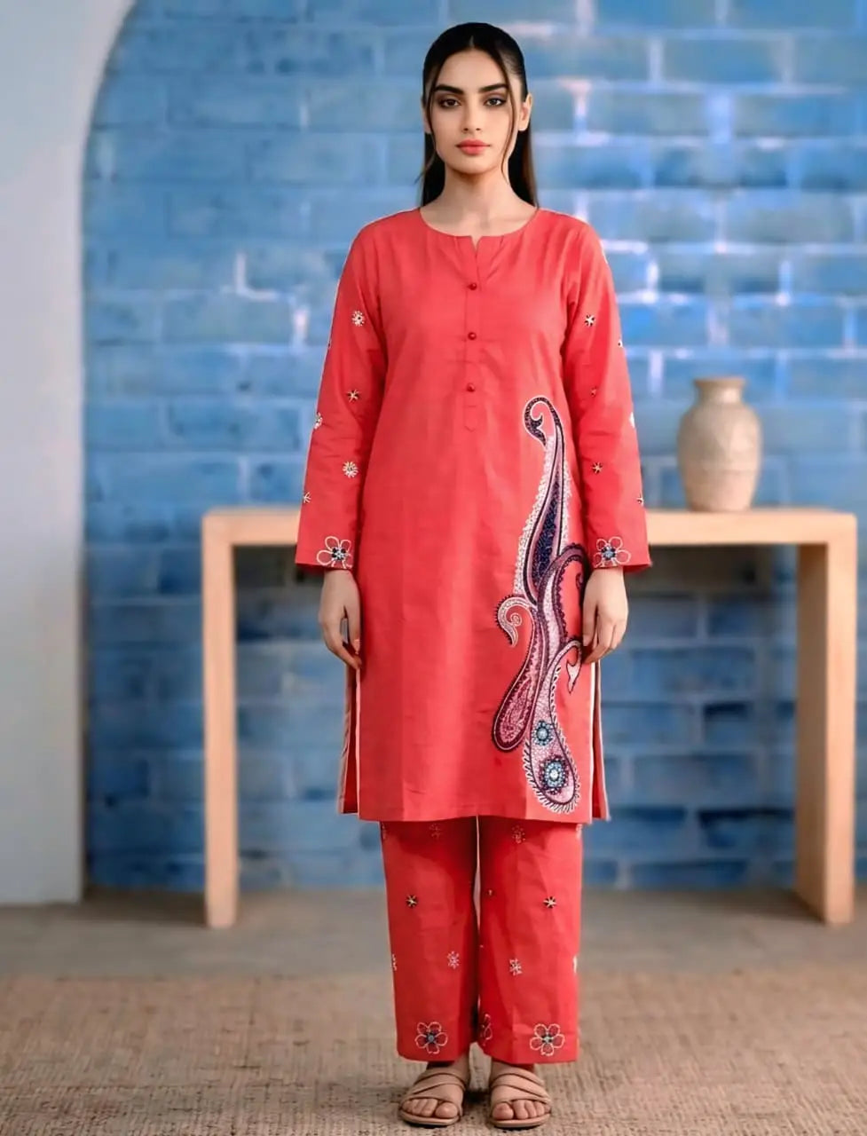 2 Pcs Women's Stitched Lawn Embroidered Shirt And Trouser - Orange - image 1