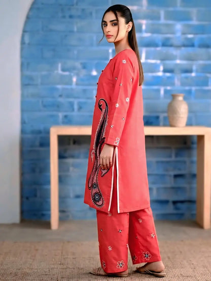 2 Pcs Women's Stitched Lawn Embroidered Shirt And Trouser - Orange - image 3