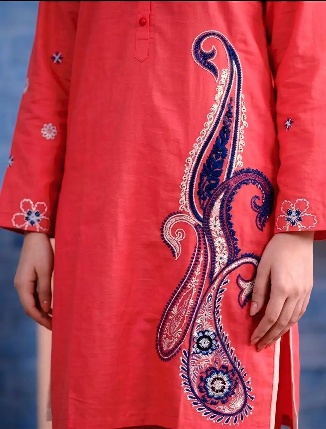 2 Pcs Women's Stitched Lawn Embroidered Shirt And Trouser - Orange - image 4