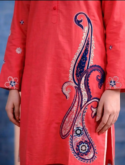 2 Pcs Women's Stitched Lawn Embroidered Shirt And Trouser - Orange - image 4