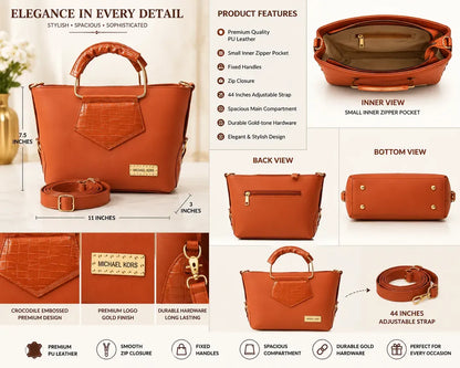 Women's Embroidered Leather Handbag Red Black Orange 11" - image 10