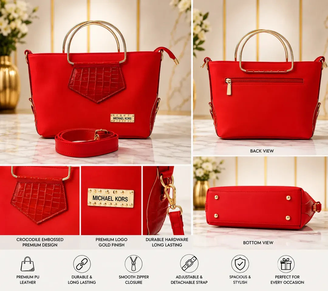 Women's Embroidered Leather Handbag Red Black Orange 11" - image 6