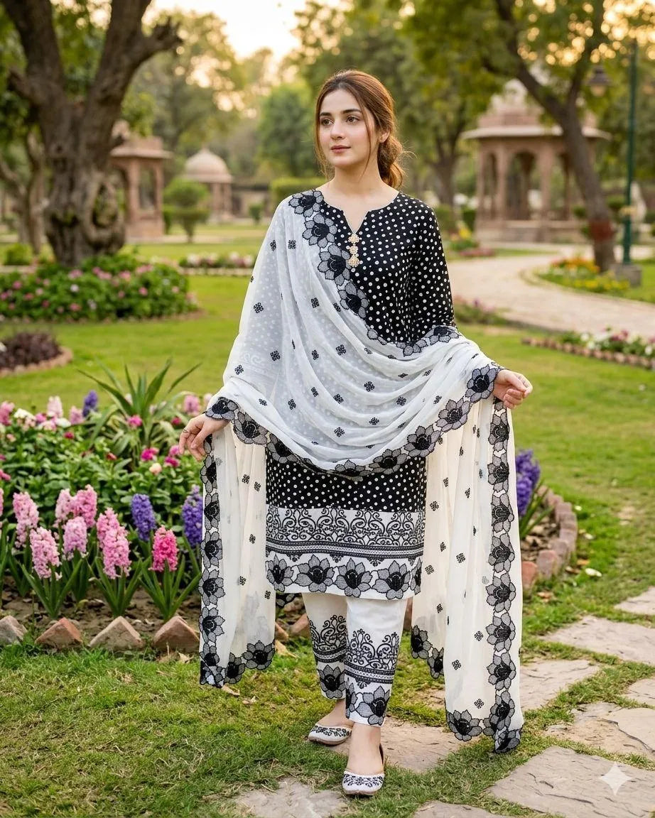 Black Digital Print Lawn Shirt with Embroidered Cotton Trouser & Chiffon Dupatta - image 1