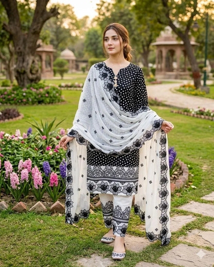 Black Digital Print Lawn Shirt with Embroidered Cotton Trouser & Chiffon Dupatta - image 1