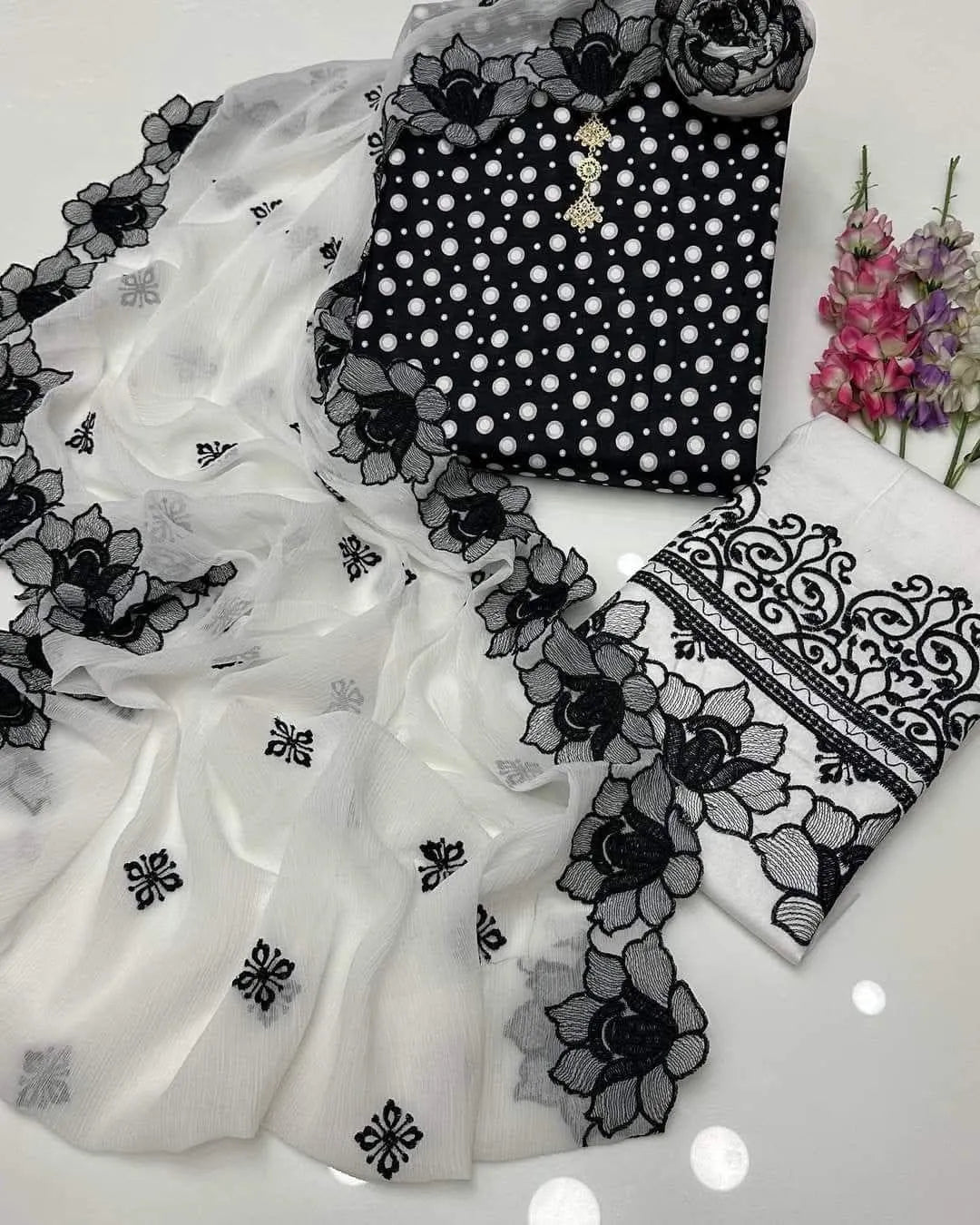 Black Digital Print Lawn Shirt with Embroidered Cotton Trouser & Chiffon Dupatta - image 2