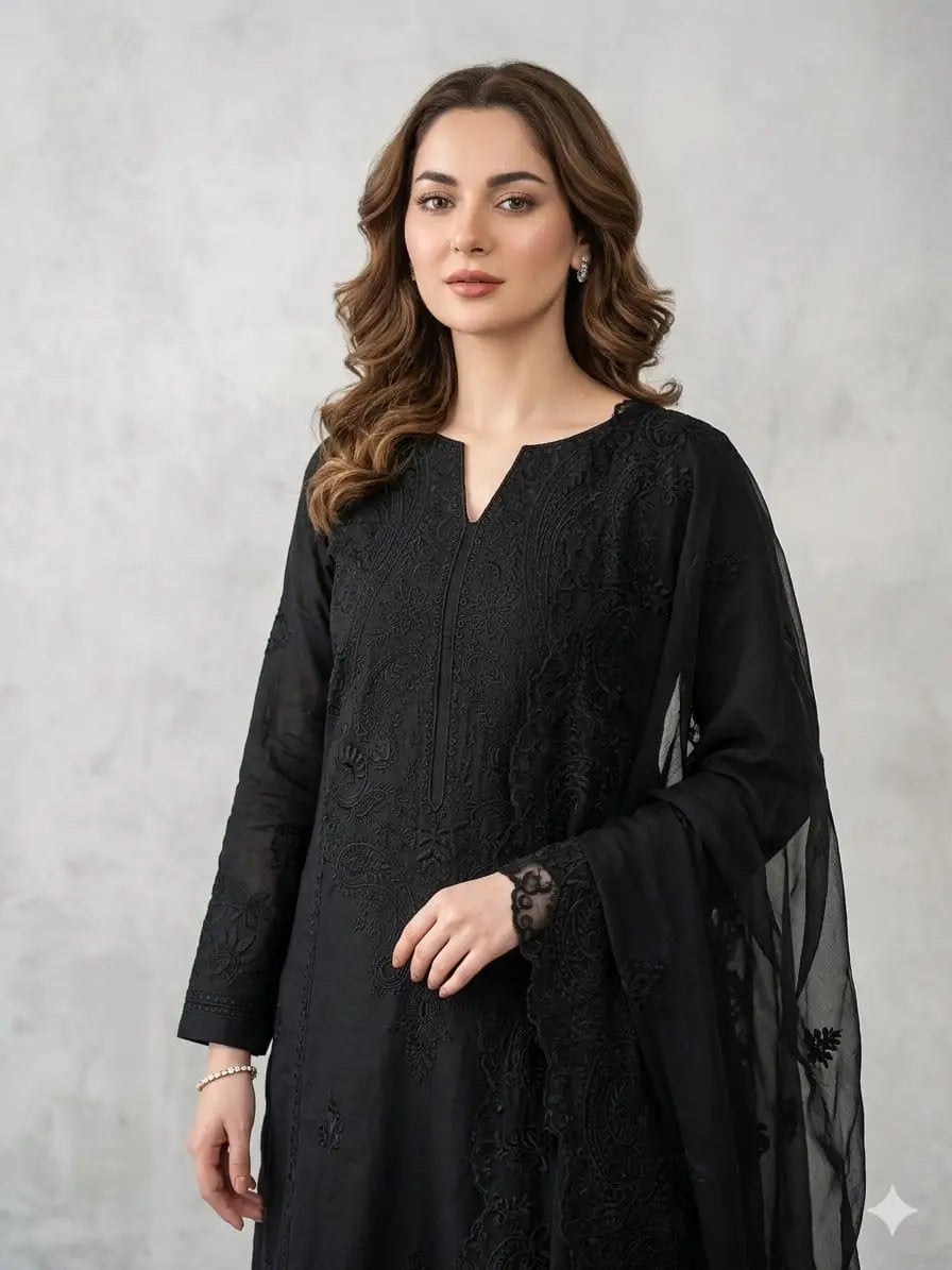 3 Pcs Women's Unstitched Chikankari Embroidered Suit - image 1