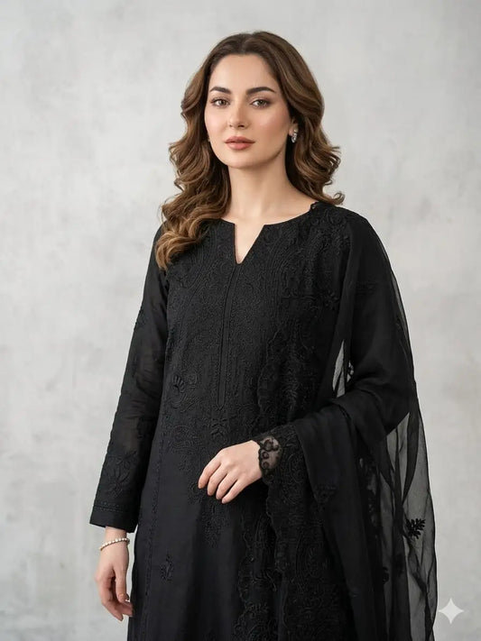 3 Pcs Women's Unstitched Chikankari Embroidered Suit - image 1