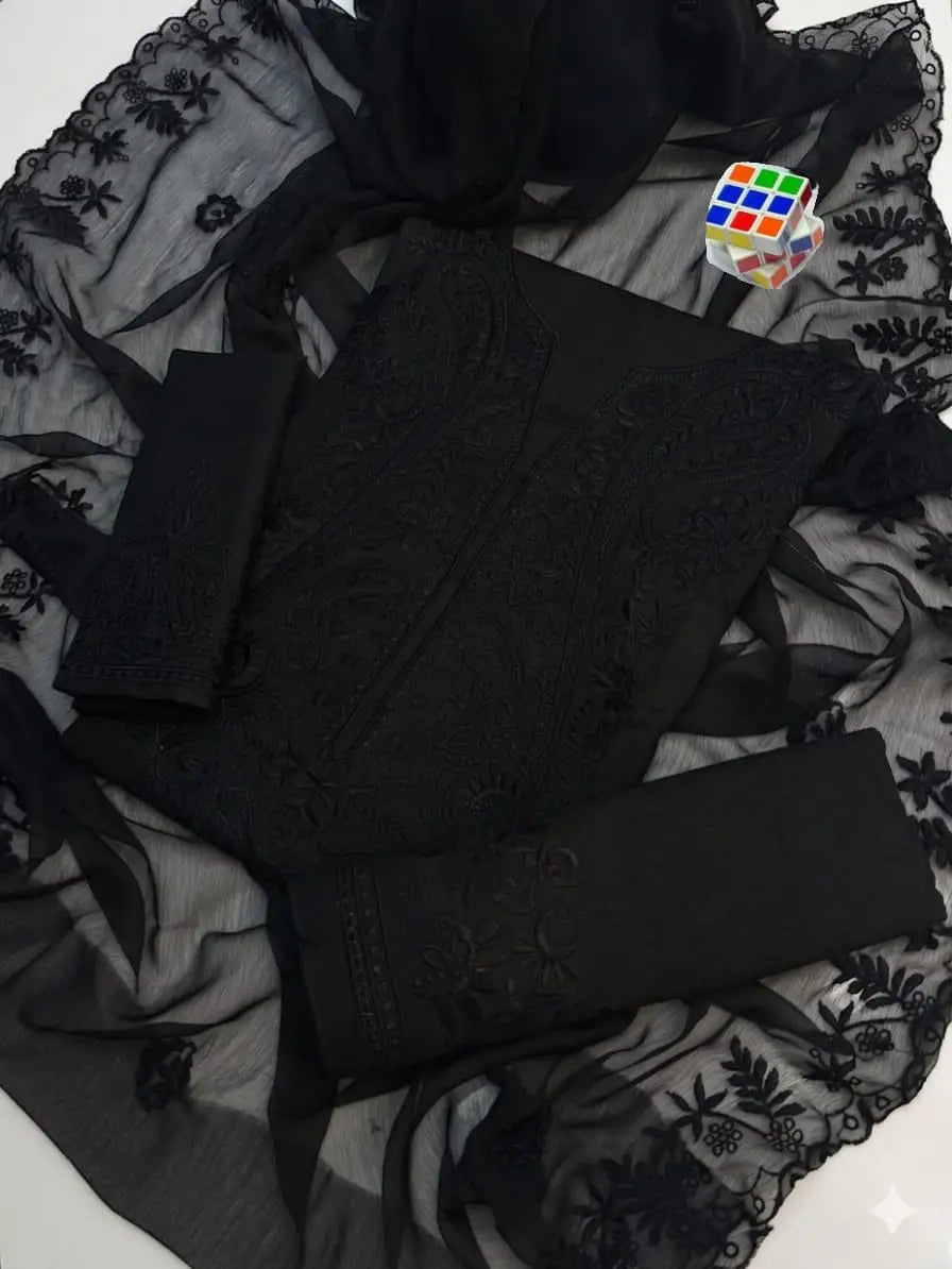 3 Pcs Women's Unstitched Chikankari Embroidered Suit - image 2